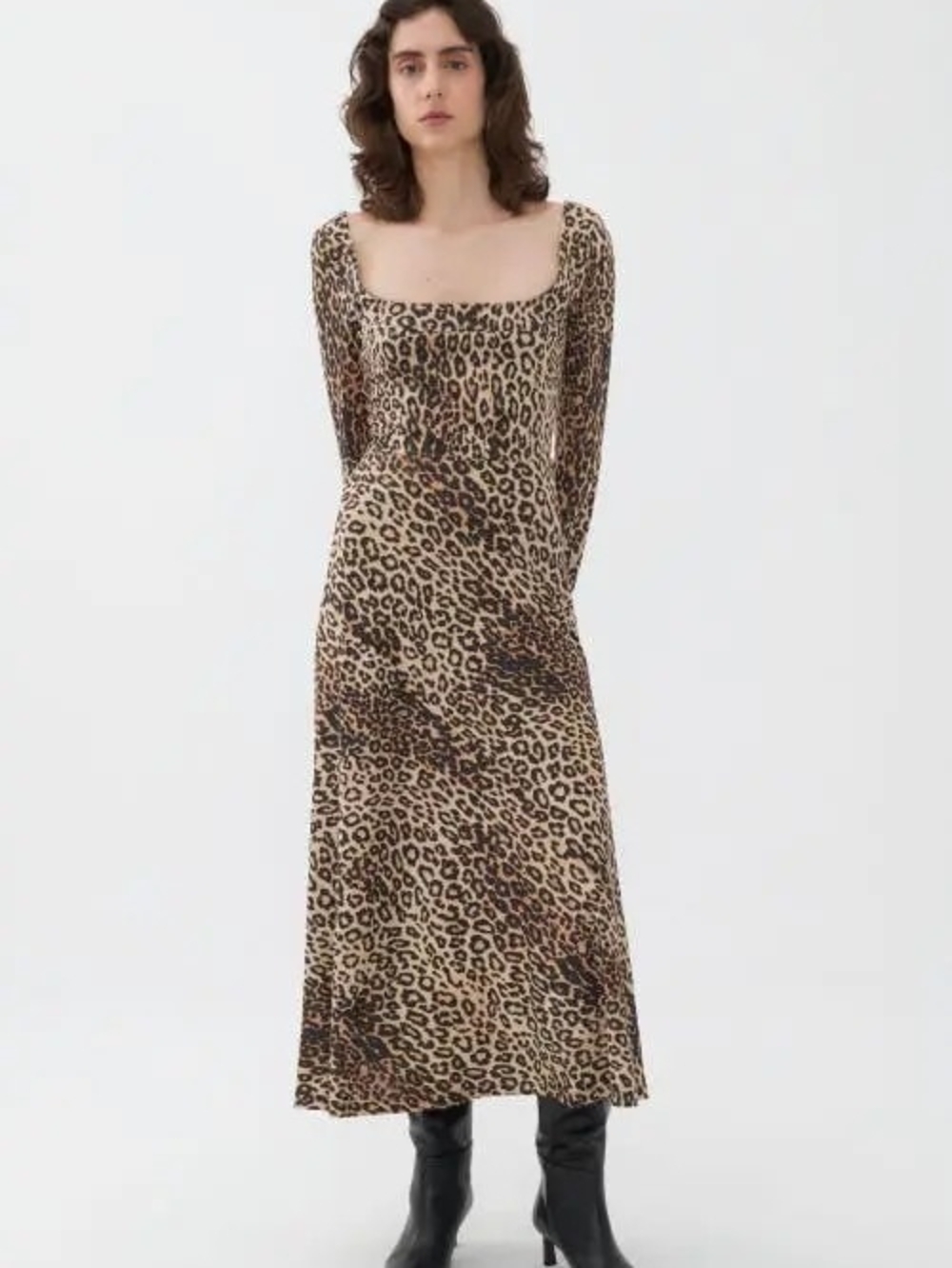 Square-Neck Leopard Print Long Sleeve Maxi Dress - Beige/Brown